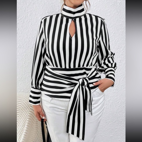 Plus Size Striped Long Sleeve Shirt Top Blouse Black White - Picture 5 of 5
